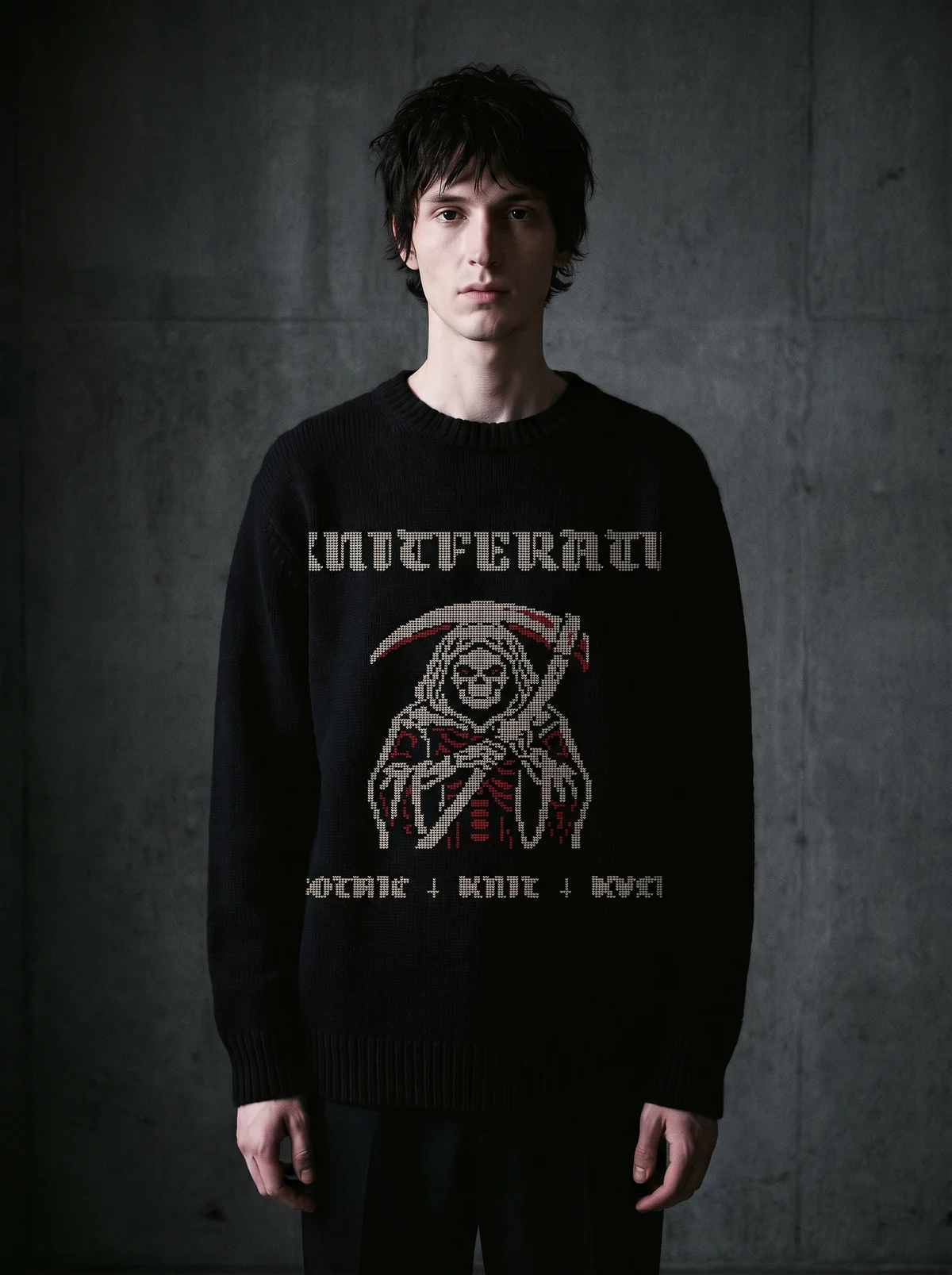 Gothic model wearing the Red Reaper knitted jacquard sweater by Knitferatu